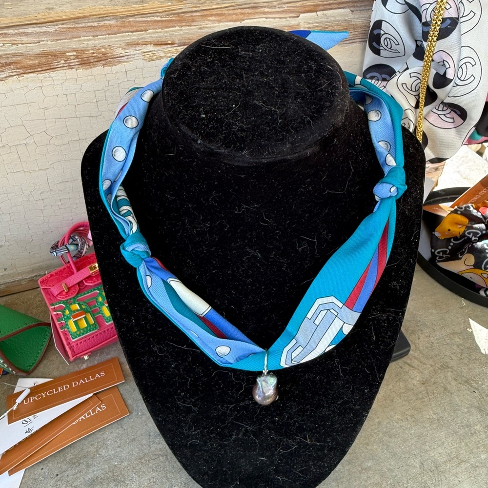 Hermes Silk Scarf Necklace with Pearl